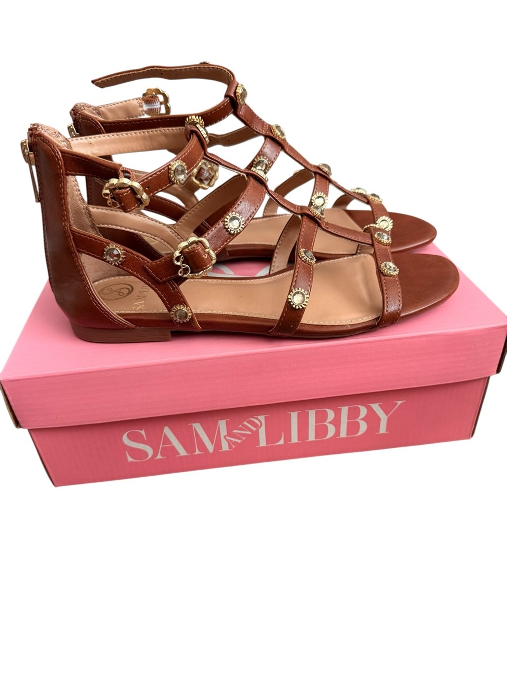 Sam & Libby Brown Strappy Gladiator Sandals with Gold Studs
